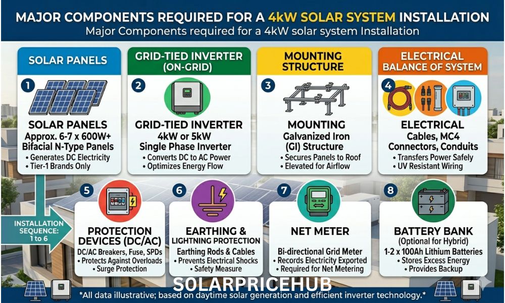 Major Components required for a 4kW solar system Installation
