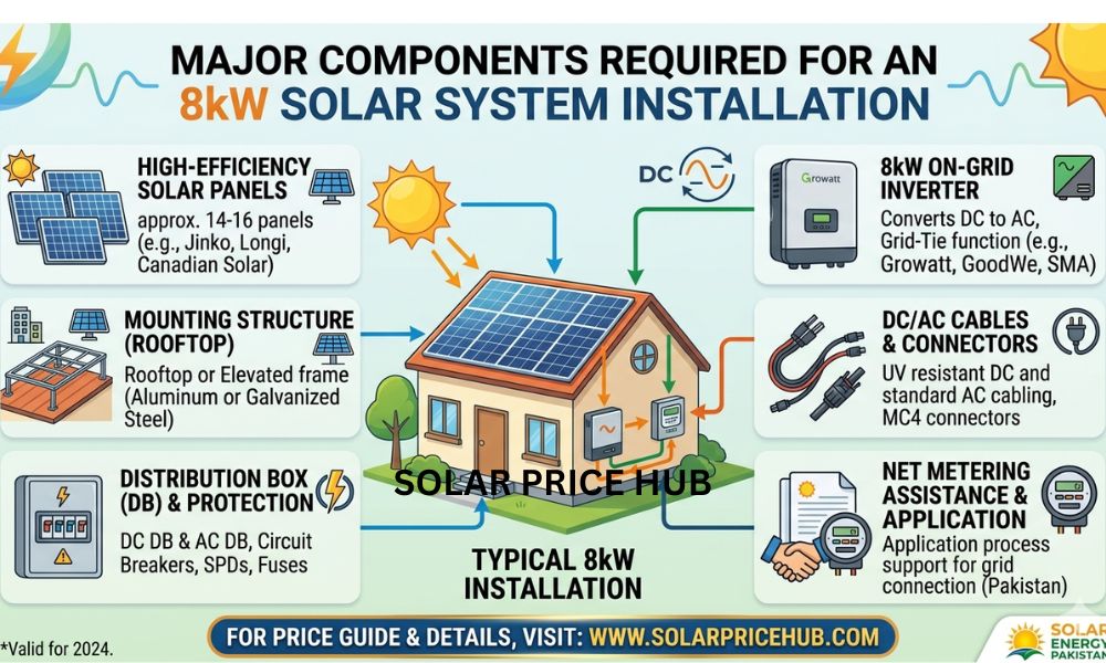 Major Components required for an 8kW solar system Installation