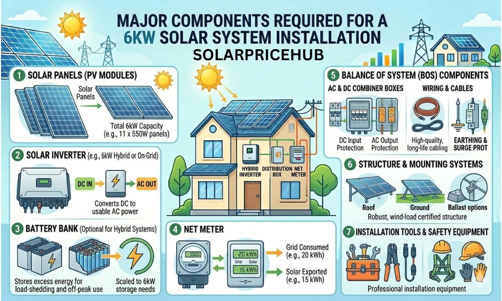 Major Components required for a 6kW solar system Installation