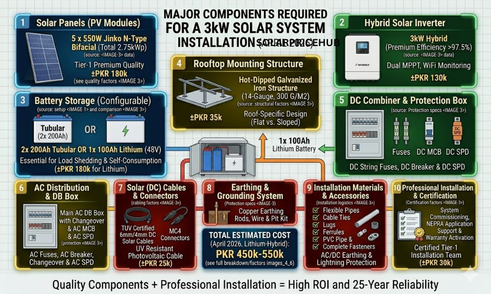 Major Components required for a 3kW solar system Installation