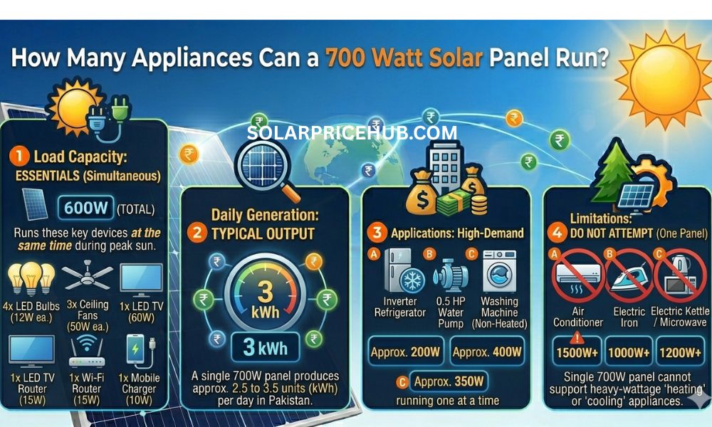 How many appliances can a 700 Watt Solar panel run?