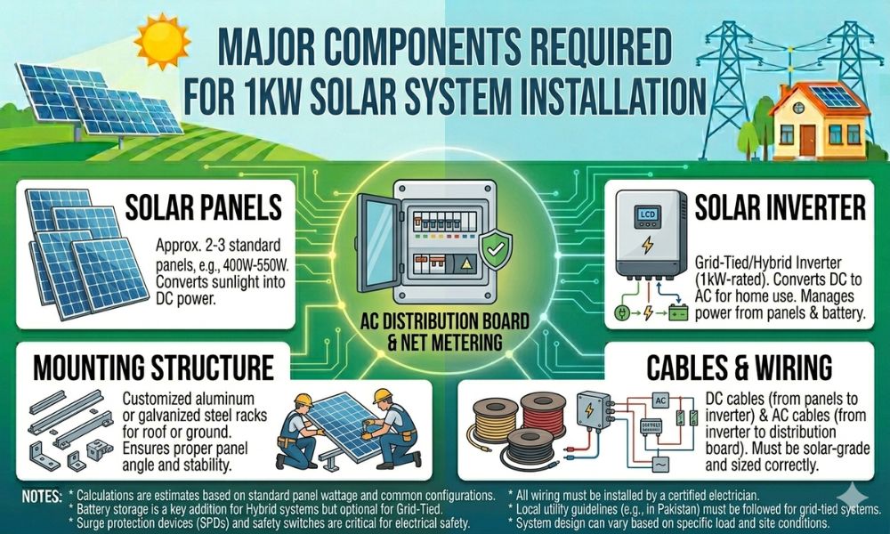 Major Components required for 1Kw solar system Installation